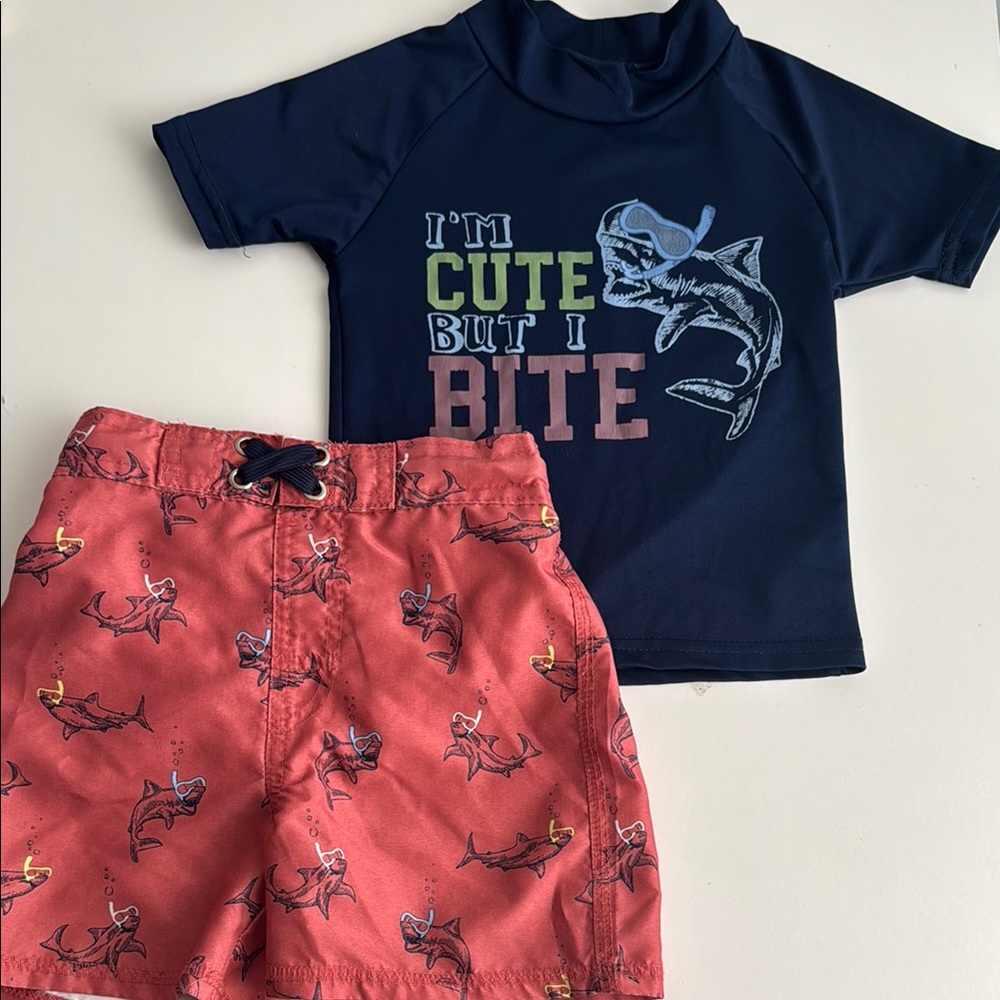 Navy Shark Graphic Rash Guard and Red Shark Print Shorts